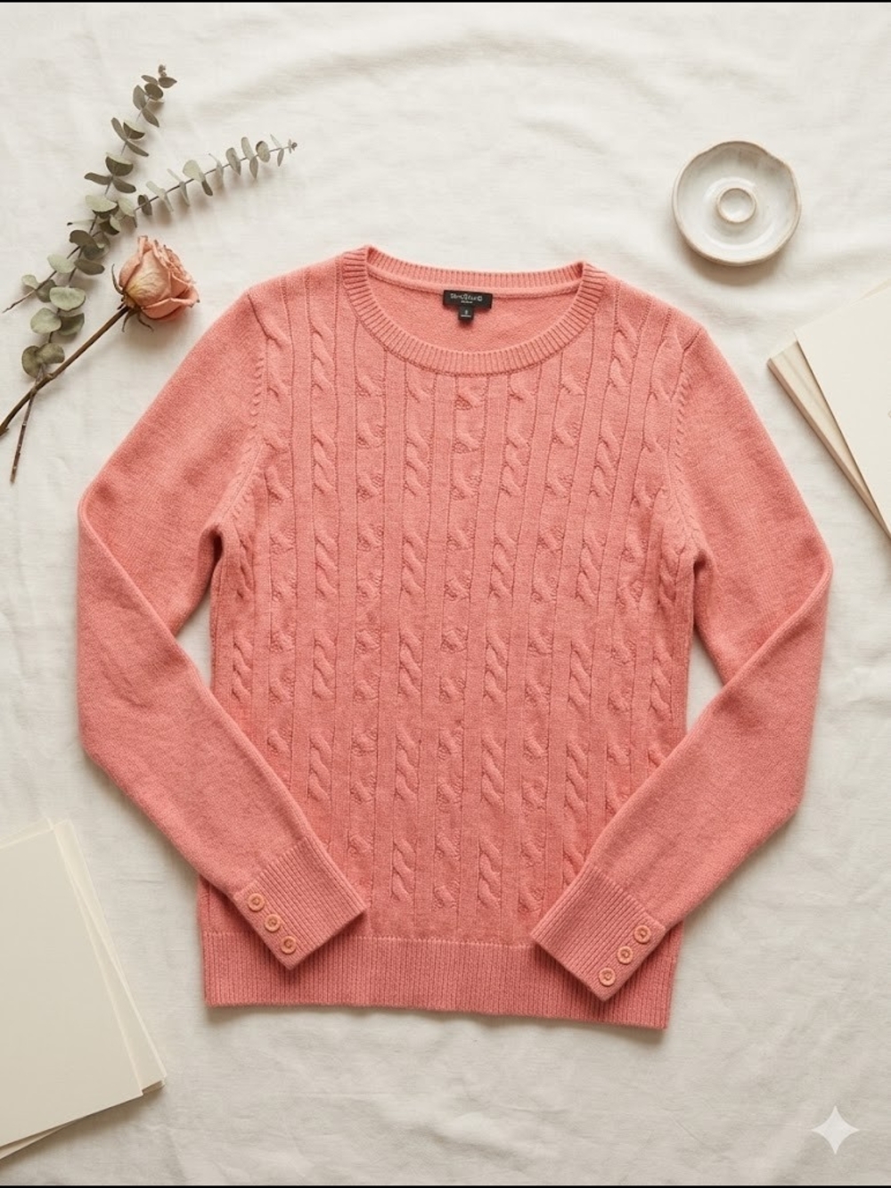 Talbots Petites Coral Pink Lambswool Blend Cable Knit Sweater